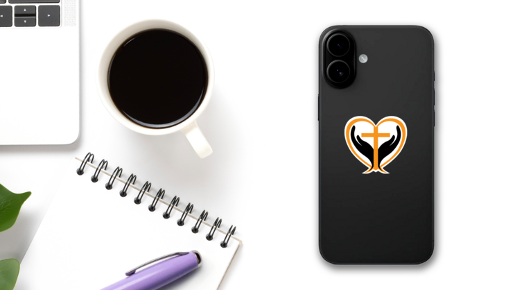 Hands Holding Cross in a Heart Sticker on a Phone (New) example