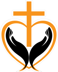Hands Holding Cross on top of a Heart Sticker