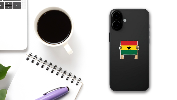 Hands Raise Ghana Flag Sticker on a Phone (New) example