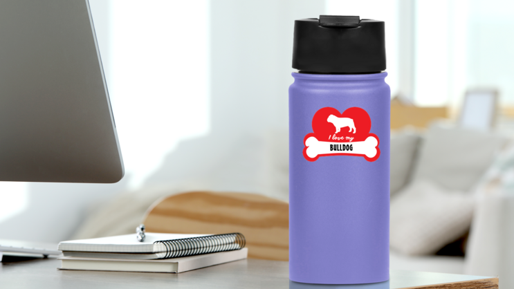 Handwritten I Love My Bulldog With Dog Bone And Heart Sticker on a Water Bottle (New) example