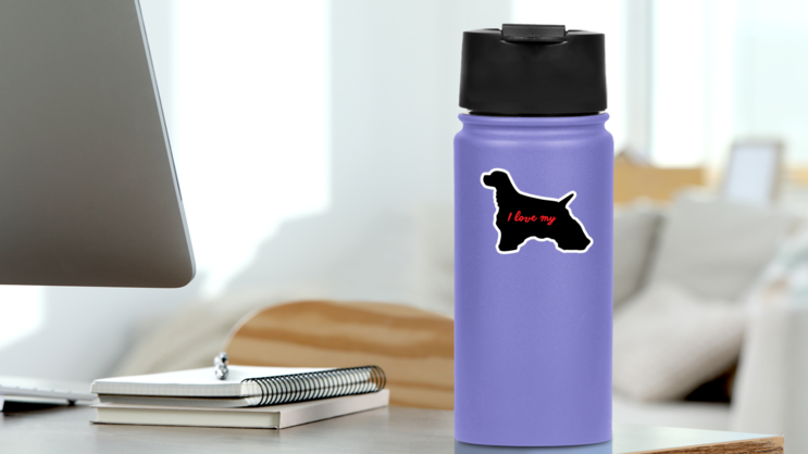 Handwritten I Love My Cocker Spaniel Silhouette  Sticker on a Water Bottle (New) example