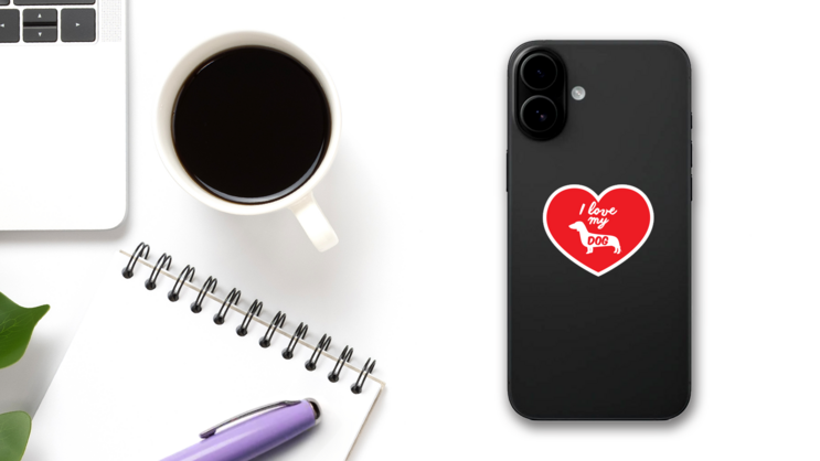 Handwritten I Love My Dachshund Heart Sticker on a Phone (New) example