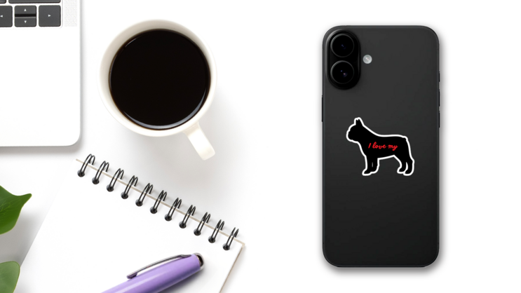 Handwritten I Love My French Bulldog Silhouette  Sticker on a Phone (New) example