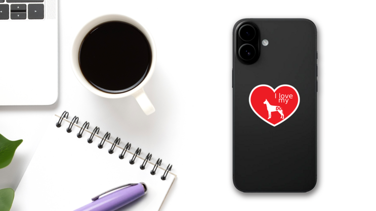 Handwritten I Love My Great Dane Heart Sticker on a Phone (New) example