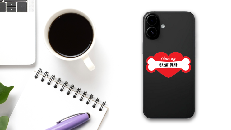 Handwritten I Love My Great Dane With Bone And Heart Sticker on a Phone (New) example