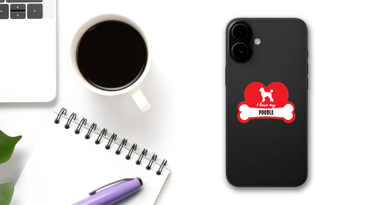 Handwritten I Love My Poodle With Dog Bone And Heart Sticker on a Phone (New) example