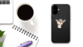 Hang Loose Hand Signal Shaka Sticker on a Phone (New) example