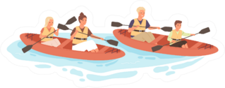 Happy Active Family With Kids Rafting On Kayak Rowing Sticker