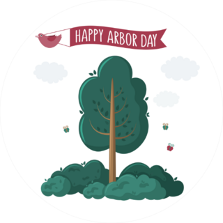 Happy Arbor Day Red Bird Holding Ribbon Sticker