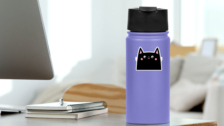 Happy Black Cat Head Face Sticker on a Water Bottle (New) example