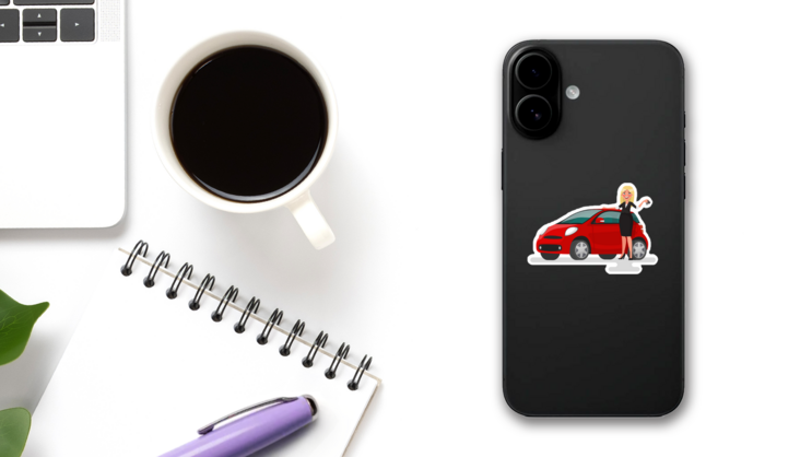 Happy Blonde Woman and Red Car Sticker on a Phone (New) example