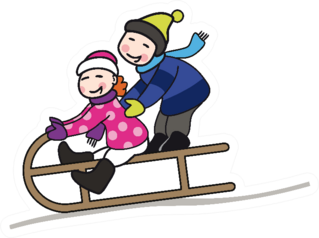 Happy  Boy And Girl Kids Sitting On Sled Together Sticker