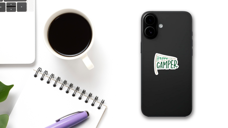 Happy Camper Lettering Flag Sticker on a Phone (New) example