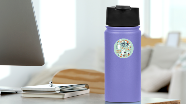 Happy Easter Card With Cute Bunnies On Green Sticker on a Water Bottle (New) example