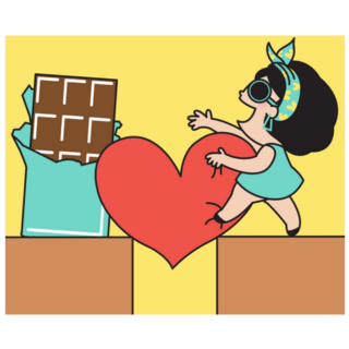 Happy Girl Using A Huge Heart To Cross For Chocolate Bar Sticker