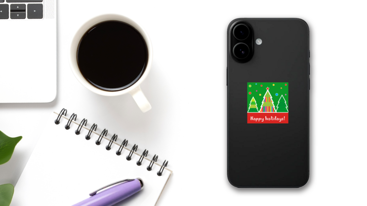 Happy Holidays Christmas Tree Forest Sticker on a Phone (New) example