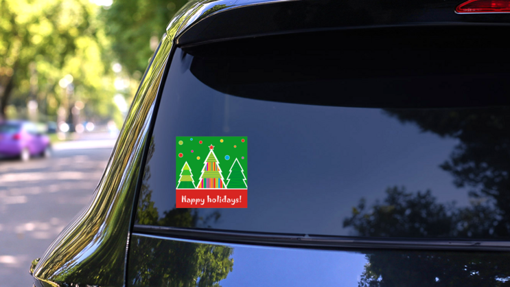 Happy Holidays Christmas Tree Forest Sticker on a Rear Car Window (New) example