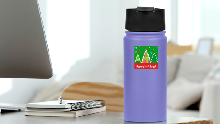 Happy Holidays Christmas Tree Forest Sticker on a Water Bottle (New) example