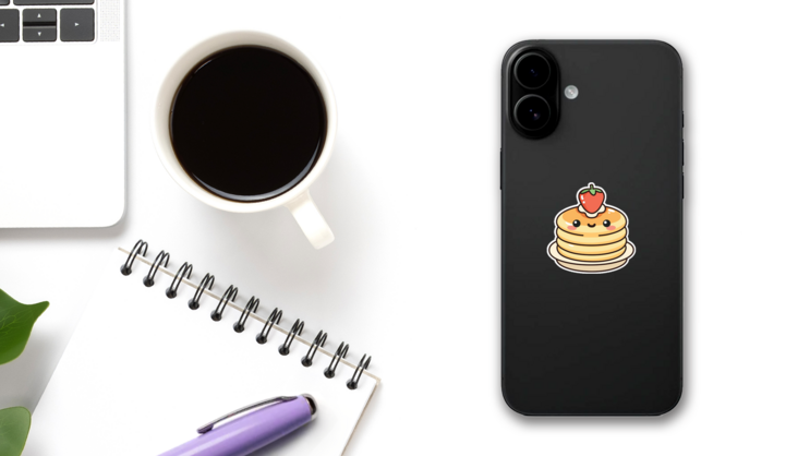 Happy Kawaii Pancake Stack Sticker on a Phone (New) example