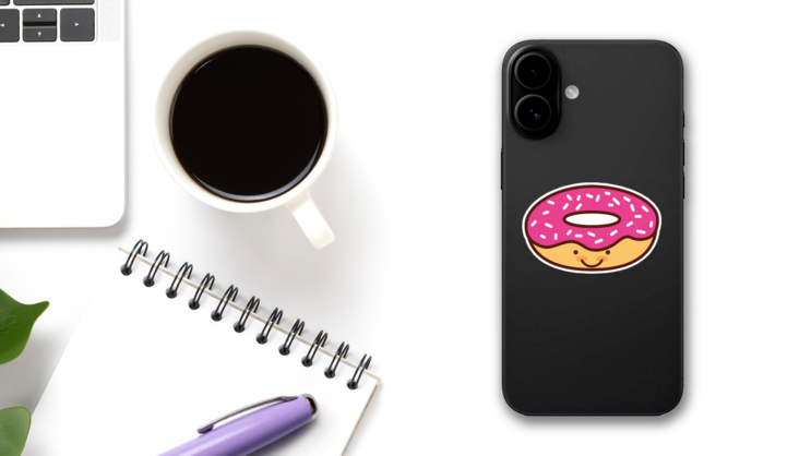 Happy Pink Donut Sticker on a Phone (New) example