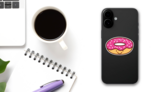 Happy Pink Donut Sticker on a Phone (New) example