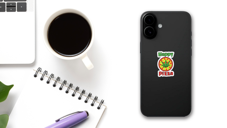 Happy Pizza, Cannabis Pizza Sticker on a Phone (New) example