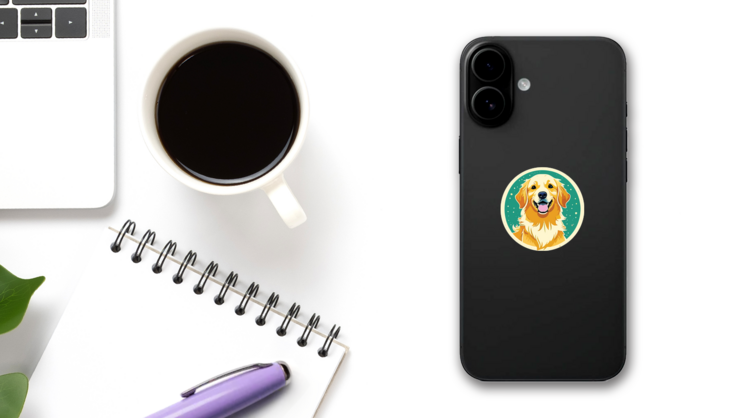 Happy Retriever Circle Sticker on a Phone (New) example