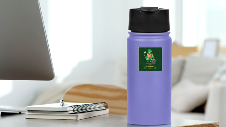Happy Saint Patricks Day with a Winky Leprechaun Sticker on a Water Bottle (New) example