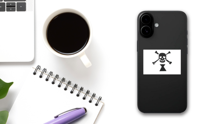 Happy Skull Pirate Flag Sticker on a Phone (New) example