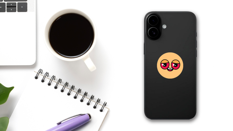 Happy Smiley Face With Red Eyes Sticker on a Phone (New) example