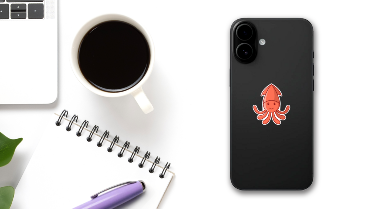Happy Squid Character Mascot Sticker on a Phone (New) example