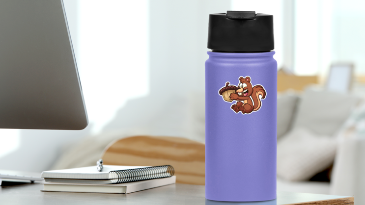 Happy Squirrel Holding A Big Acorn Cartoon Sticker on a Water Bottle (New) example