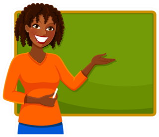 Happy Teacher Standing Next To A Blackboard Sticker