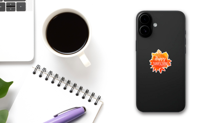 Happy Thanksgiving Autumn Leaf Watercolor Sticker on a Phone (New) example