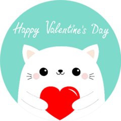Happy Valentines Day White Cat Holding Red Paper Heart Sticker