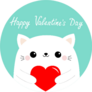 Happy Valentines Day White Cat Holding Red Paper Heart Sticker