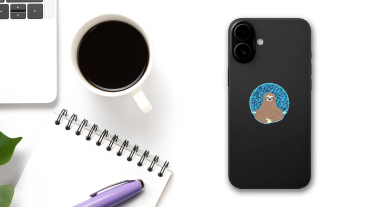 Happy Yoga Sloth On Blue Sticker on a Phone (New) example