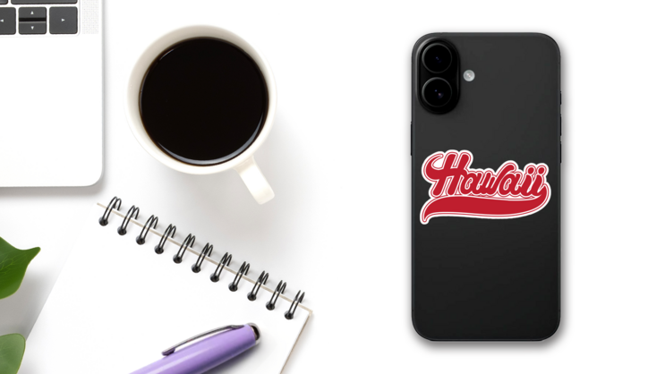Hawaii Swish Lettering Sticker on a Phone (New) example