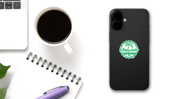 Hawaii Vintage Stamp Sticker on a Phone (New) example