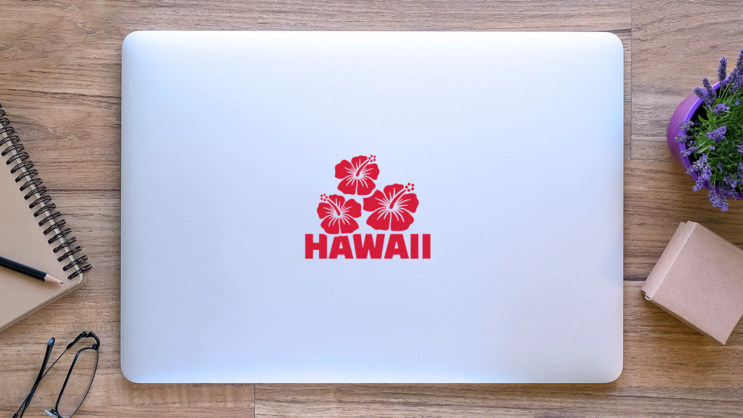 Hawaii With Hibiscus Flowers Sticker on a Laptop (New) example