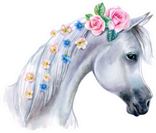 Head Of A White Horse With Pink Flowers In Mane Sticker