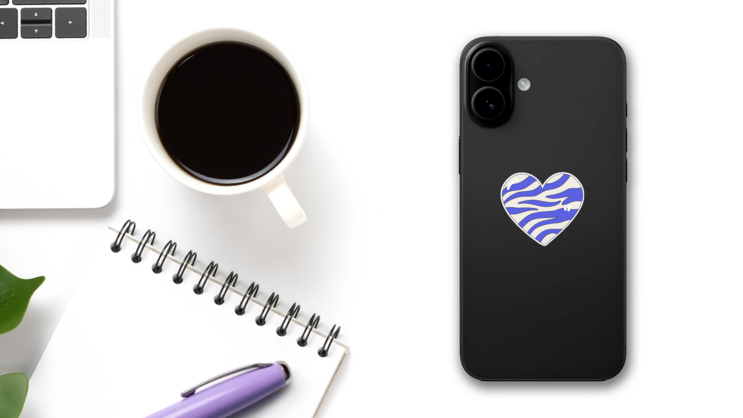 Heart Icon Purple Zebra Print 2000s Nostalgia Sticker on a Phone (New) example