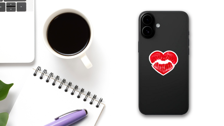 Heart Shape Kissing Lips Sticker on a Phone (New) example