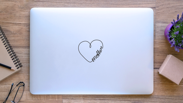 Heart Shape Mother Lettering Sticker on a Laptop (New) example