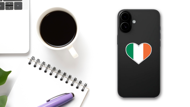 Heart Shaped Irish Country Flag Sticker on a Phone (New) example