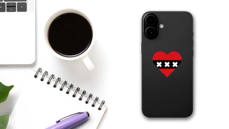 Heart Symbol With Amsterdam Netherlands Design Sticker on a Phone (New) example