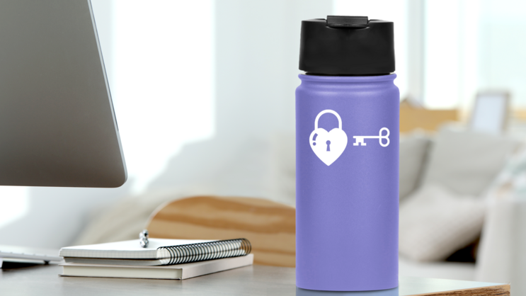 Heart With Lock & Key Sticker on a Water Bottle (New) example