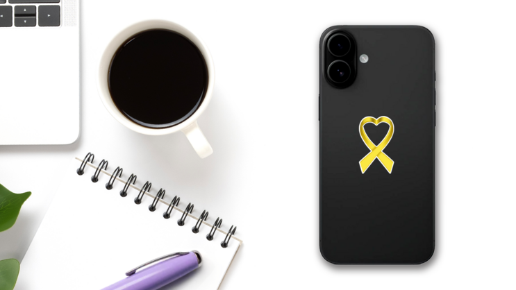 Heart Yellow Ribbon Die-Cut Sticker on a Phone (New) example