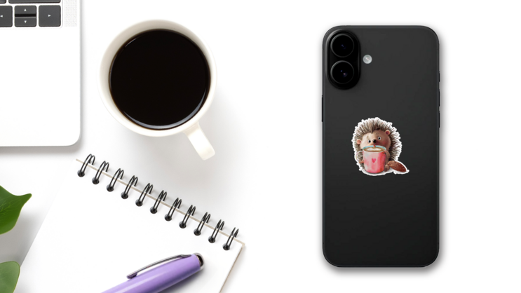 Hedgehog Coffee Cup Sticker on a Phone (New) example