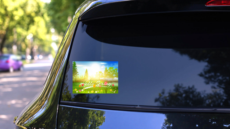 Hello Spring Meadow Sticker on a Rear Car Window (New) example